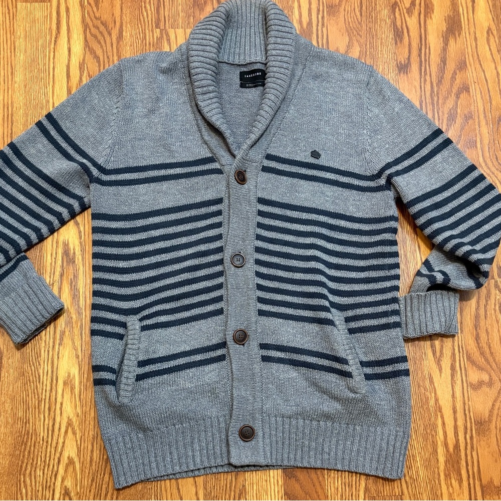 Zanerobe Shawl Collar Button Down Men’s Gray and Navy Striped Cardigan